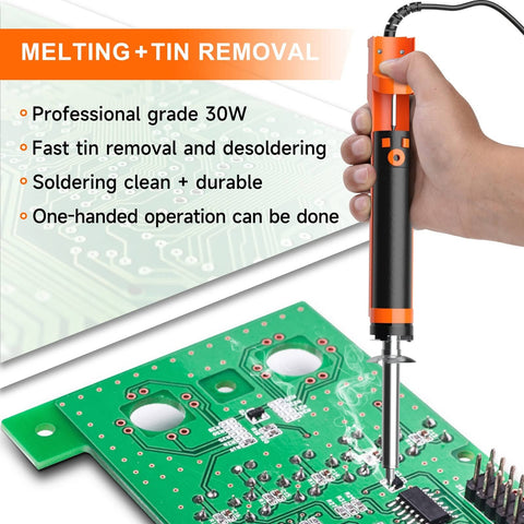 Electric Desoldering Pump Solder Sucker For Through Hole PCBs Portable Desoldering Gun With 110V Vacuum Button 1.0mm And 1.2mm Nozzles One Hand Operation in use on green circuit board