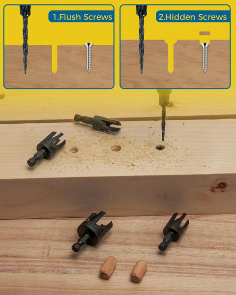 16 Piece Countersink Drill Bit Set With Adjustable Depth Tapered Bits And 4 Wood Plug Cutters in use on wooden block