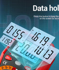 Pro Grade Digital Multimeter With Backlit LCD Case And NCV Flashlight For Quick Live Wire Detection And Data Hold Measuring AC DC Voltage Current Capacitance Resistance Continuity And Diode Test showing data hold screen