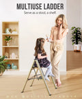 Two Step Aluminum Folding Ladder For Home Use with child sitting, lightweight, portable, anti-slip pedals, gold finish