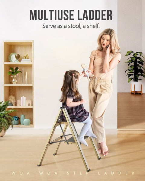 Two Step Aluminum Folding Ladder For Home Use with child sitting, lightweight, portable, anti-slip pedals, gold finish