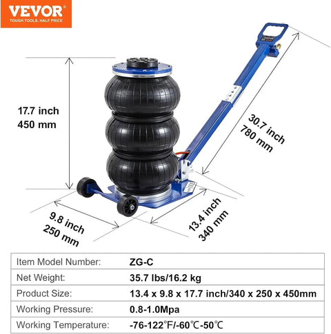 Heavy Duty Three Ton Air Jack With Triple Bag Design And Six Steel Pipes Delivers Rock Solid Stability For Lightning Fast 6600 Pound Car Lifts Under Five Seconds With Comfort Swing Handles