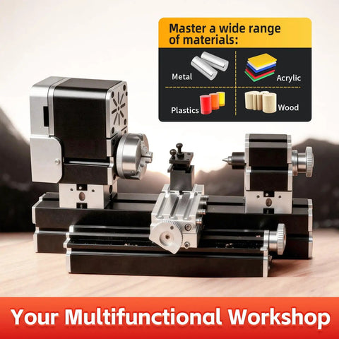 All Metal Elevated Mini Lathe 36W 20,000RPM Desktop Metal And Wood Turning Machine for DIY projects on a wooden surface