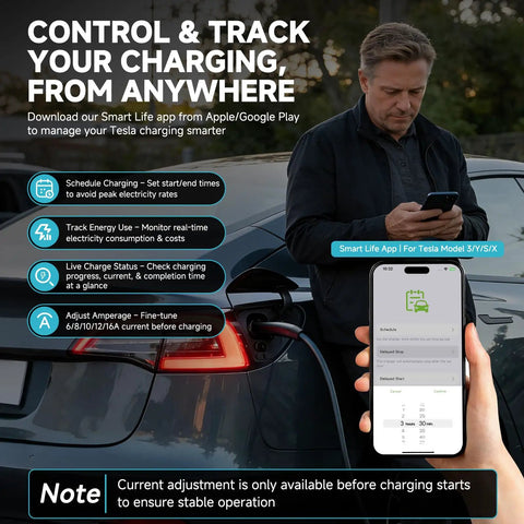 User controlling Straight Up Level 1 2 Electric Charger With 25 Foot Extension Cord and app on mobile phone.