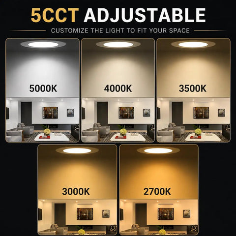 LOG BARN Recessed Lighting 6 Inch, 5CCT LED Can Lights for Ceiling showcasing 5 selectable light colors in a modern living room.