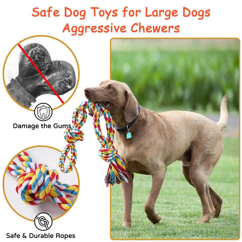 Dog holding Indestructible Dog Rope Toys For Aggressive Chewers Heavy Duty Tug Of War And Chew Toys For Medium And Large Dogs. 