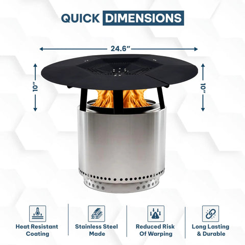 Stainless Steel Fire Pit Heat Deflector for Solo Stove Bonfire and Other 19.5 Inch Pits Smokeless Shield with dimensions displayed
