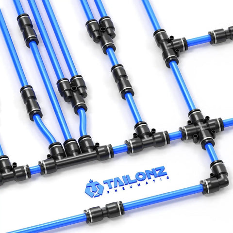 Push To Connect Fittings Kit 1/4 Inch 3/8 Inch 1/2 Inch Set For Nylon And PU Tubes, blue tubing and black connectors shown