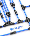 Push To Connect Pneumatic Fittings Kit 36 Piece Set For Air Lines 1/4 OD To 1/8 NPT in blue tubing with tees and elbows.