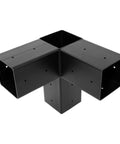 Close-up of 3-Way Right Angle Pergola Brackets Kit for 4x4 Posts, metal construction, black finish for outdoor structures