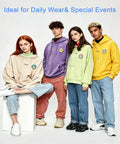 Four models in colorful hoodies and jeans showcasing ideal daily and special event wear.