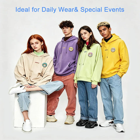 Four models in colorful hoodies and jeans showcasing ideal daily and special event wear.