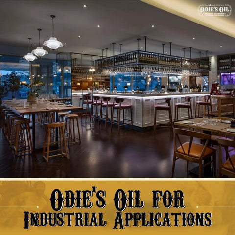 Interior of a stylish restaurant featuring bar and dining area, showcasing Odie's Oil for industrial applications.