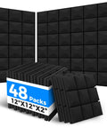 48 Pack Heavy Duty Soundproof Foam Acoustic Panels 12 X 12 Inch Wall Tiles for Podcast Setup, stacked and mounted.