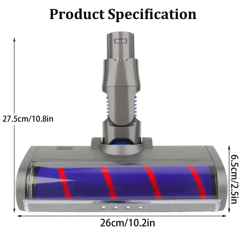 Soft Roller Cleaner Head For V6 DC58 DC59 DC61 DC62 DC74 Cordless Vacuum Cleaners, dimensions shown, blue roller with red stripes.
