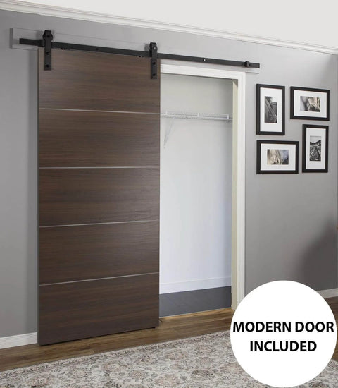 Barn Sliding Door 32 By 96 Brown With 6.6 Ft Top Mount Track Set in Chocolate Ash Planum 0020 installed in room