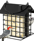 All Metal Double Suet Bird Feeder For Outdoors Hanging With Weather Resistant Roof And Perch, Durable Cage Holder For Garden Or Yard