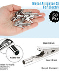 Heavy Duty 50mm Metal Alligator Clips 50 Pack shown in hand, includes size details and use for electrical testing, lab work.