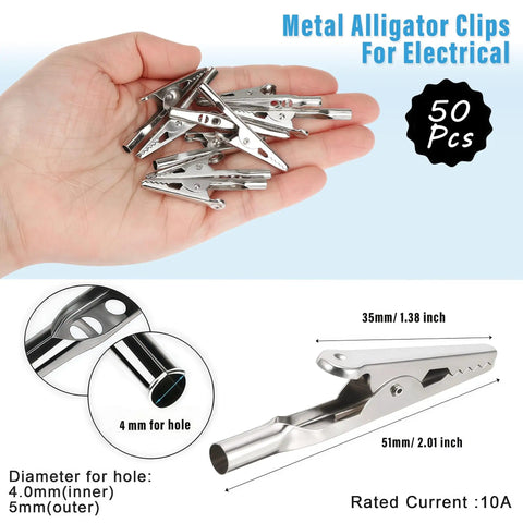 Heavy Duty 50mm Metal Alligator Clips 50 Pack shown in hand, includes size details and use for electrical testing, lab work.