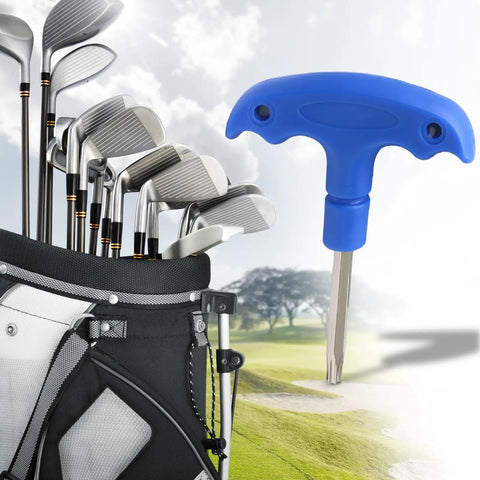 Golf Wrench Driver Tool T25 for Head Adjustment and Shaft Adapter, Pro Grade Accessory beside golf clubs and bag on course