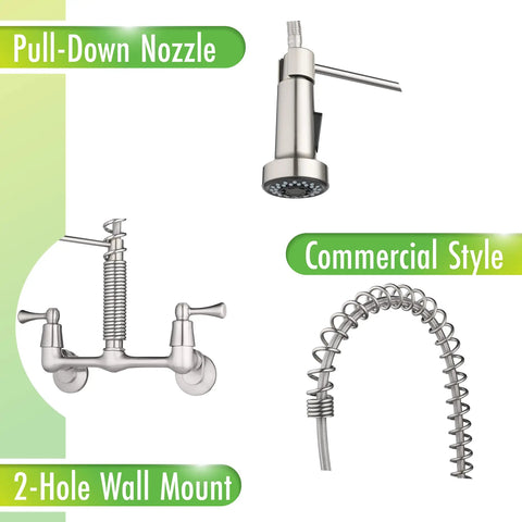 Dual Handle Pro Grade Commercial Style Wall Mount Kitchen Faucet With Pull Down Nozzle And Dual Spray Options In Stainless Steel