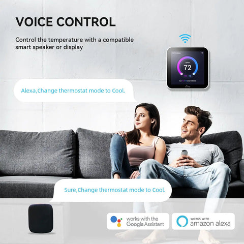Couple using voice control with 4 Inch Full Touch Screen Smart WiFi Thermostat TJ-560 With App Control Energy Saving Easy Install.