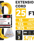 Heavy Duty 25 Foot 12 Gauge Extension Cord With Three Outlets Indoor Outdoor Power Cable 15A 125V 1875W Weatherproof Yellow