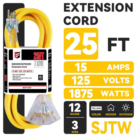 Heavy Duty 25 Foot 12 Gauge Extension Cord With Three Outlets Indoor Outdoor Power Cable 15A 125V 1875W Weatherproof Yellow