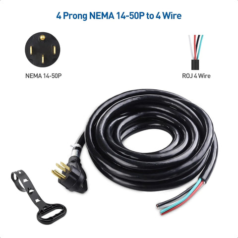 Replacement 50 Amp RV Power Cord With Four Prong, 25 Ft, 6/8 AWG Pigtail, NEMA 14-50P connection, coiled cord with plug and wire.
