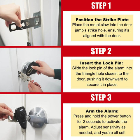 Instructions for installing Portable Door Lock With Alarm 130dB Vibration Siren For Travel Hotels Apartments And Home Safety 2In1 Lock And Alarm Adjustable Sensitivity Keeps Women And Kids Safe