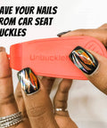 Car Seat Buckle Release Tool for Easy Unbuckling featuring thumb pain relief and nail saver in use