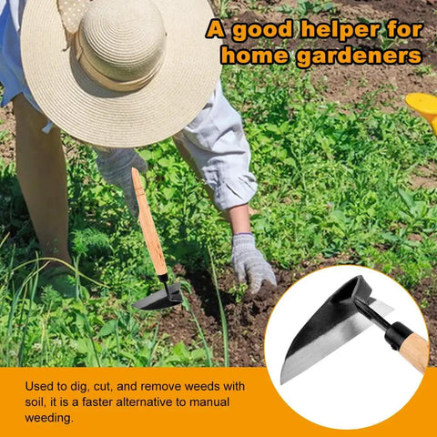 Gardener using Japanese Weeding Sickle 13 Inch Hand Weeder and Garden Hoe with ergonomic grip in the garden for precise weed removal.
