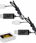 Two 7.2V NiMH NiCd battery charger cables with standard Tamiya plug for RC cars, USB powered, with storage box.