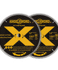 12 Inch Miter Saw Blade For Ultra Fine Wood Finishing, 100 Tooth Carbide, 2 Pack, Thin Kerf blades showcasing design and specifications