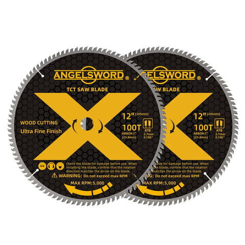 12 Inch Miter Saw Blade For Ultra Fine Wood Finishing, 100 Tooth Carbide, 2 Pack, Thin Kerf blades showcasing design and specifications
