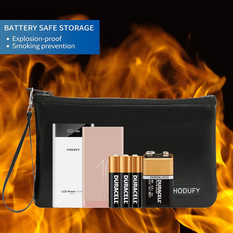 Extreme Heat Fireproof Money And Document Bag 2000F with batteries and flames in background