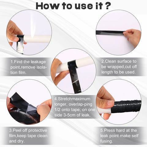 Steps to apply DIY Friendly Self Fusing Silicone Tape Rescue Tape on a leaking pipe, showing wrapping and pressing methods.