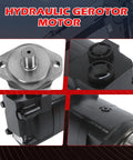 Collage of beefy hydraulic motor replacement for Eaton Char-Lynn 2000 series 104-1005-006 with 1-inch shaft and thread.