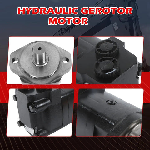 Collage of beefy hydraulic motor replacement for Eaton Char-Lynn 2000 series 104-1005-006 with 1-inch shaft and thread.