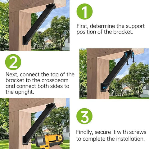 Installation steps for Beefy Heavy Duty 45 Degree Angle Bracket Set For Pergolas And Wood Beams, visual guide, 3 panels
