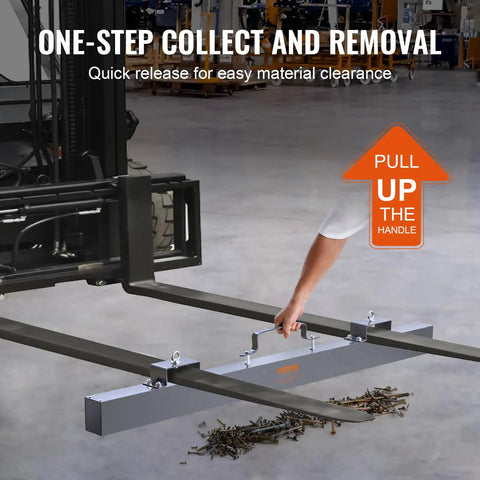 Image showing the Absolute Beast 93 Pound Hanging Magnetic Sweeper Mounts To Forklifts And Overhead Rigs Heavy Duty Metal Pickup Tool in use.
