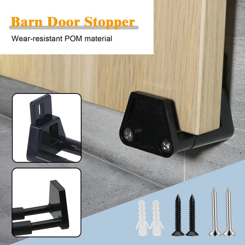 Barn Door Floor Guide With Adjustable Wall Mount For Easy Installation RV Sliding Door Guide With Screws Black Finish 2 Packs Fits Doors Of Various Thicknesses And Prevents Swinging Outward From The Wall Ideal For Cabinets And RV Trailers shown installed on wooden door with screws.