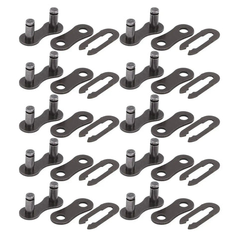 Beefy Heavy Duty Bike Chain Master Link 10 Pack Solid Steel Connector For Road And Mountain Cycles arranged in rows.