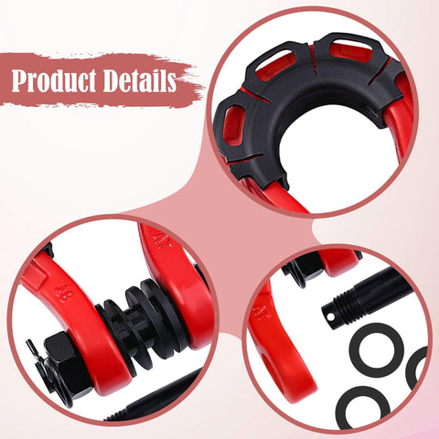 Close-up of Two Piece D Ring Shackle Set Heavy Duty Universal Truck Off Road Accessories For Trailers And Vehicles Premium Towing Hardware In Red with bolts and washers visible