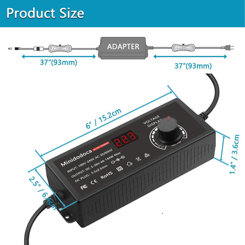 Total Beast 144W Power Supply Adjustable Dc 3V To 36V Variable Ac Dc Adapter with LED readout and size dimensions