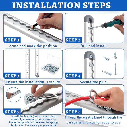 Installation steps for Adjustable Aluminum Wall Mount Fitness Anchor System with two 40 inch rails, demonstrating secure setup.