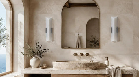 Tonabona 20" LED 18W 3000K Natural Alabaster Marble Farmhouse Bathroom 2 Pack Black Wall Sconce in modern bathroom setting.