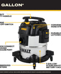 Heavy Duty 5 Gallon Wet And Dry Shop Vacuum With Solid 4 Peak Horsepower Motor showing durable handle and locking vacuum port.