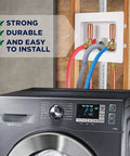 Heavy Duty ABS One Piece Washer Box With Brass Water Hammer Arrestor, Center Drain, And Half Inch PEX Expansion Connection above washer