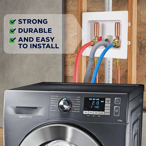 Heavy Duty ABS One Piece Washer Box With Brass Water Hammer Arrestor, Center Drain, And Half Inch PEX Expansion Connection above washer